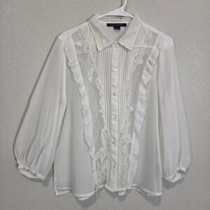 French Connection Sheer Blouse Women's L White Ruffle Lace Baloon Sleeve